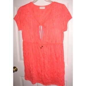 Shirt TUNIC WOMENS size 1x short sleeve melon orange Tie at V-neck coverup